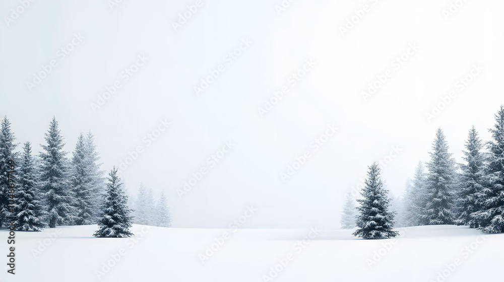 Fototapeta premium A snowy winter landscape featuring a decorated Christmas tree among fir trees, with a clear blue sky and frost-covered ground