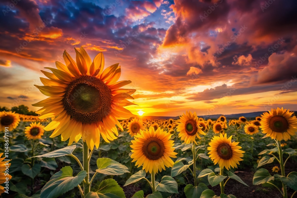 Fototapeta premium Stunning Silhouette of a Sunflower Meadow at Sunset for Nature Lovers and Garden Enthusiasts