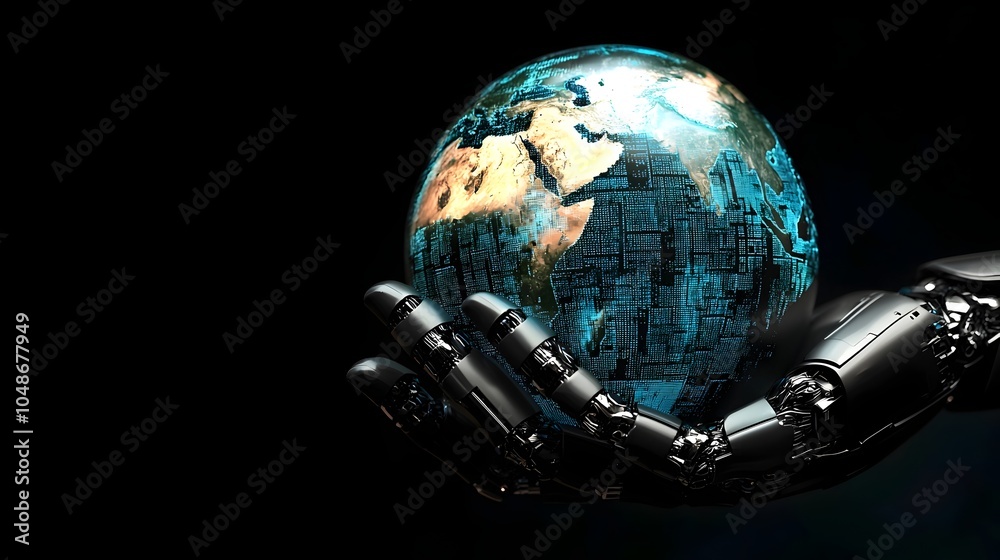 Fototapeta premium Robotic Hand Holding a Globe Symbolizing Global Technology Impact and Innovation