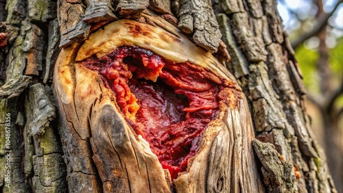 A chunk of flesh slowly oozes from a gaping wound in a withered tree trunk, decaying wood, twisted roots, eerie landscape, natural decay