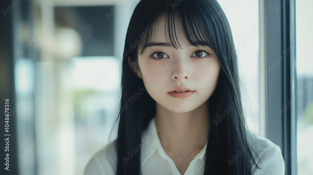 窓辺で微笑む女性ポートレート 窓辺で微笑む女性ポートレート