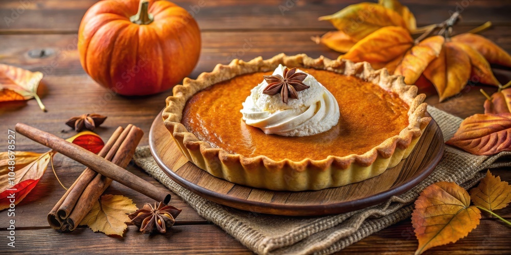 A Thanksgiving pumpkin pie with a dollop of whipped cream and a star anise garnish, surrounded by rustic autumn leaves and cinnamon sticks A Thanksgiving pumpkin pie with a dollop of whipped cream and a star anise garnish, surrounded by rustic autumn leaves and cinnamon sticks