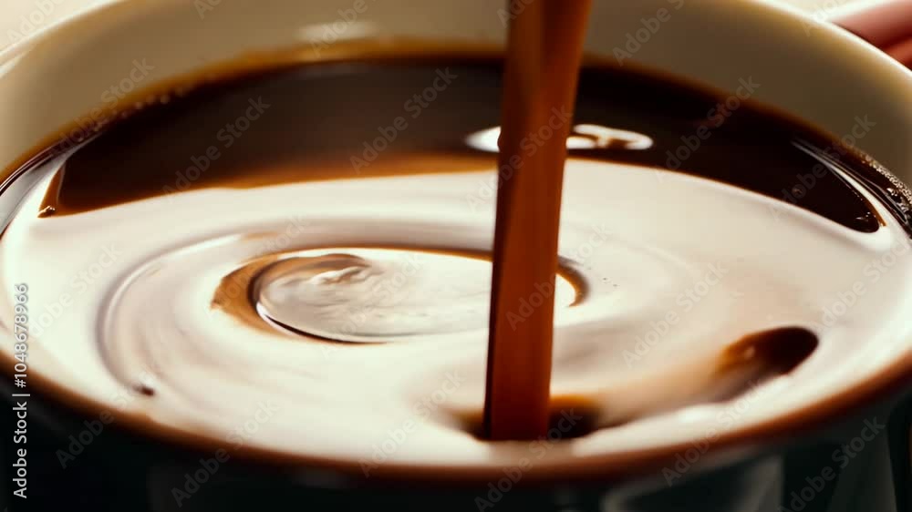 A stream of coffee pours into milk, creating mesmerizing patterns. Close-up. A stream of coffee pours into milk, creating mesmerizing patterns. Close-up.