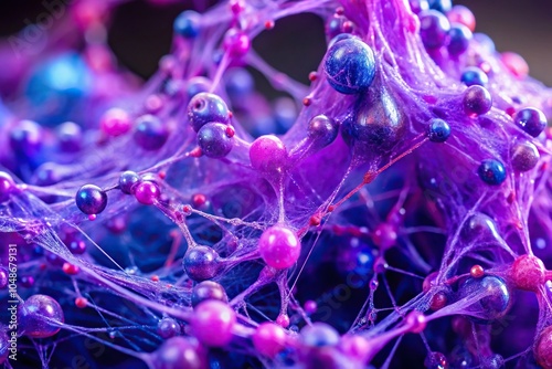 A cluster of purple slime with a few strands of blue thread running through it, resembling a tiny, colorful web, fibers, web-like photo