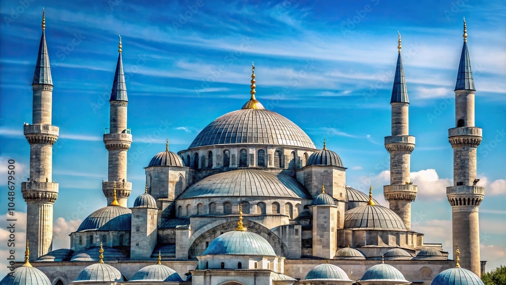 Fototapeta premium Turkish mosque with blue domes and minarets in Istanbul Extreme Close-Up