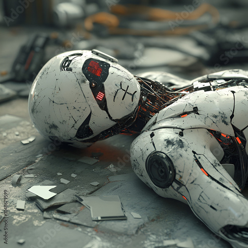  Broken AI Robot in Ruins, Damaged AI Robot on the Ground
High-Tech Robot Fallen in Disrepair