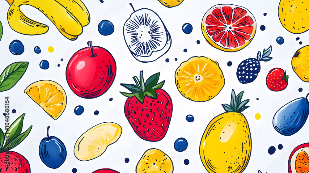 Colorful seamless pattern of fresh fruits and vegetables featuring oranges, apples, lemons, bananas, kiwis, pineapples, mangoes, pears, limes, peaches, and strawberries Colorful seamless pattern of fresh fruits and vegetables featuring oranges, apples, lemons, bananas, kiwis, pineapples, mangoes, pears, limes, peaches, and strawberries