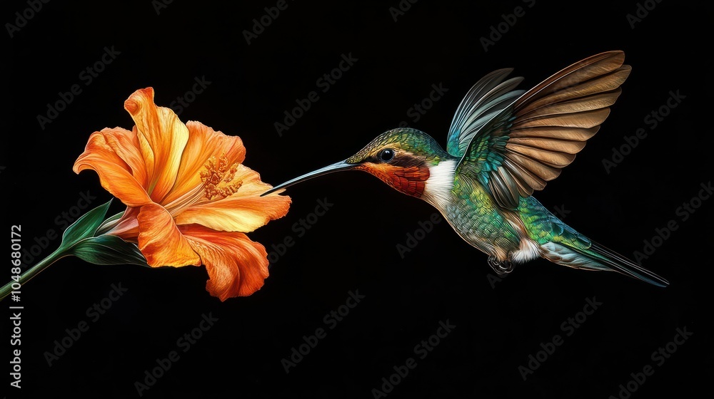 Fototapeta premium Hummingbird Long-tailed Sylph, Aglaiocercus kingi with orange flower, in flight. Hummingbird from Colombia in the bloom flower, wildlife from tropic jungle.