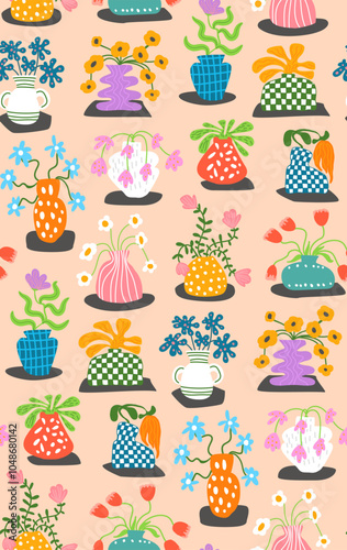 funky groovy modern abstract minimalism style pottery vases with flowers plants seamless pattern, vector illustration repeat design print