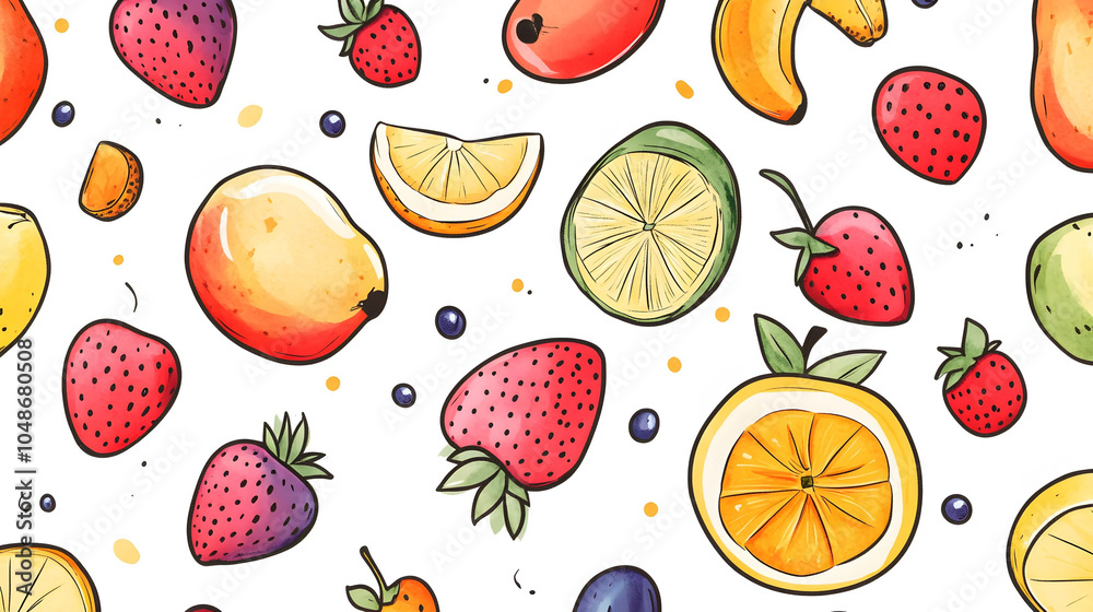 Colorful seamless pattern of fresh fruits and vegetables featuring oranges, apples, lemons, bananas, kiwis, pineapples, mangoes, pears, limes, peaches, and strawberries
