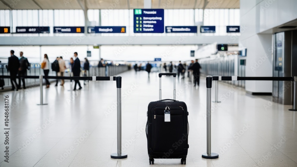 Obraz premium A travel suitcase positioned in the heart of a modern airport terminal, capturing the essence of travel, organization, and anticipation before the flight.
