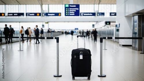 A travel suitcase positioned in the heart of a modern airport terminal, capturing the essence of travel, organization, and anticipation before the flight.