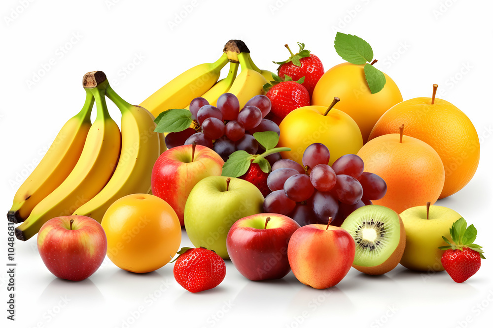 A variety of fresh fruits including bananas, apples, grapes, kiwi, and strawberries isolated on a white background. A variety of fresh fruits including bananas, apples, grapes, kiwi, and strawberries isolated on a white background.