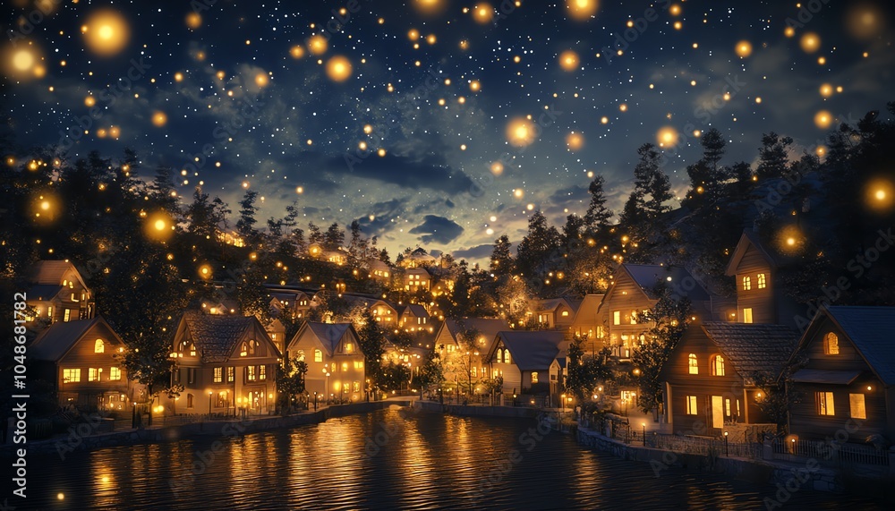 A serene village under a starlit sky A serene village under a starlit sky