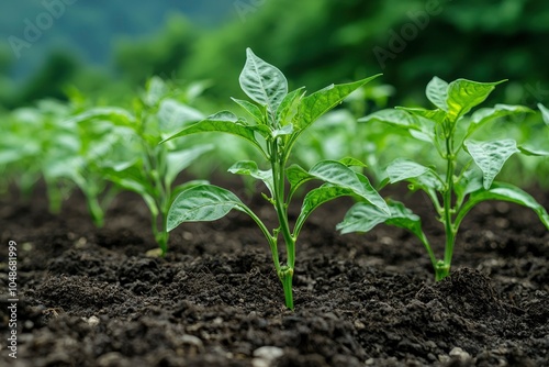 Young Pepper Plants Growing in Rich Soil photo