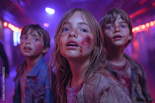 Three children in a dimly lit space, their faces smeared with fake blood, expressing fear and wonder, surrounded by neon and shadows, creating a haunting atmosphere