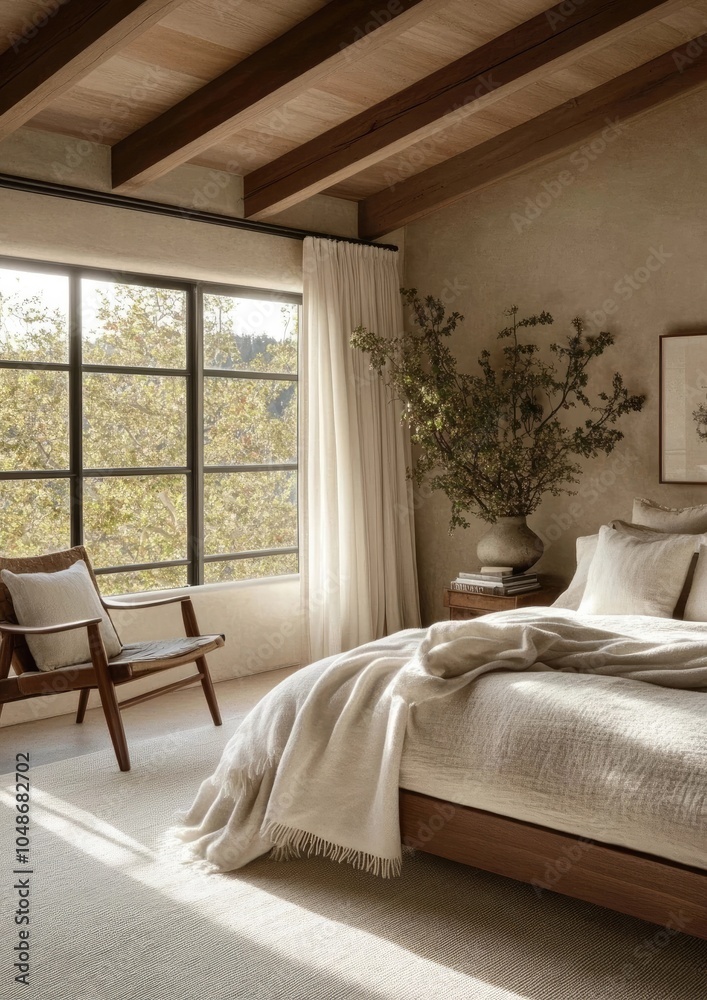 Bright and Airy Minimalist Bedroom with Natural Light, Neutral Tones, and Cozy Wooden Chair, Emphasizing a Peaceful and Inviting Atmosphere Bright and Airy Minimalist Bedroom with Natural Light, Neutral Tones, and Cozy Wooden Chair, Emphasizing a Peaceful and Inviting Atmosphere