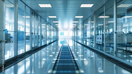 Empty Hallway with Glass Walls and Ceiling Lights