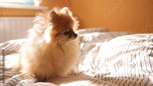 Morning dog. Cute pomeranian getting sunbath in bed. cute sleepy dog in sun rays