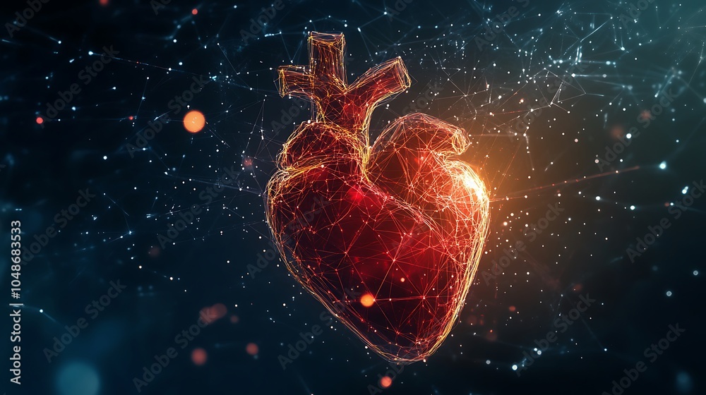 Human heart visualized through polygon technology creates a dynamic background. Human heart visualized through polygon technology creates a dynamic background.
