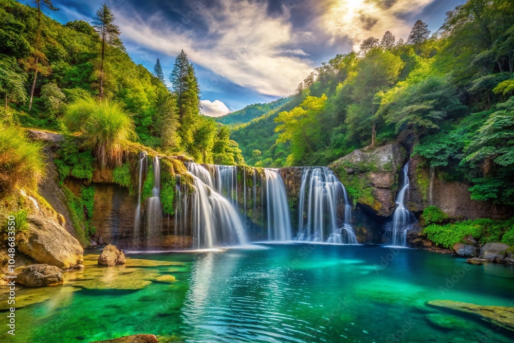 Fototapeta premium Surreal Watercolor Art of a Majestic Waterfall Cascading into a Natural Pool in Benguet Pine Mountains