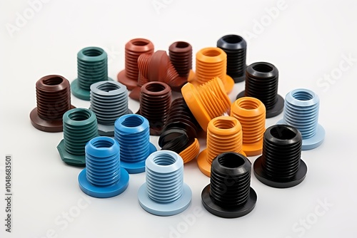 Colorful assortment of plastic threaded inserts arranged on a white background for product display photo