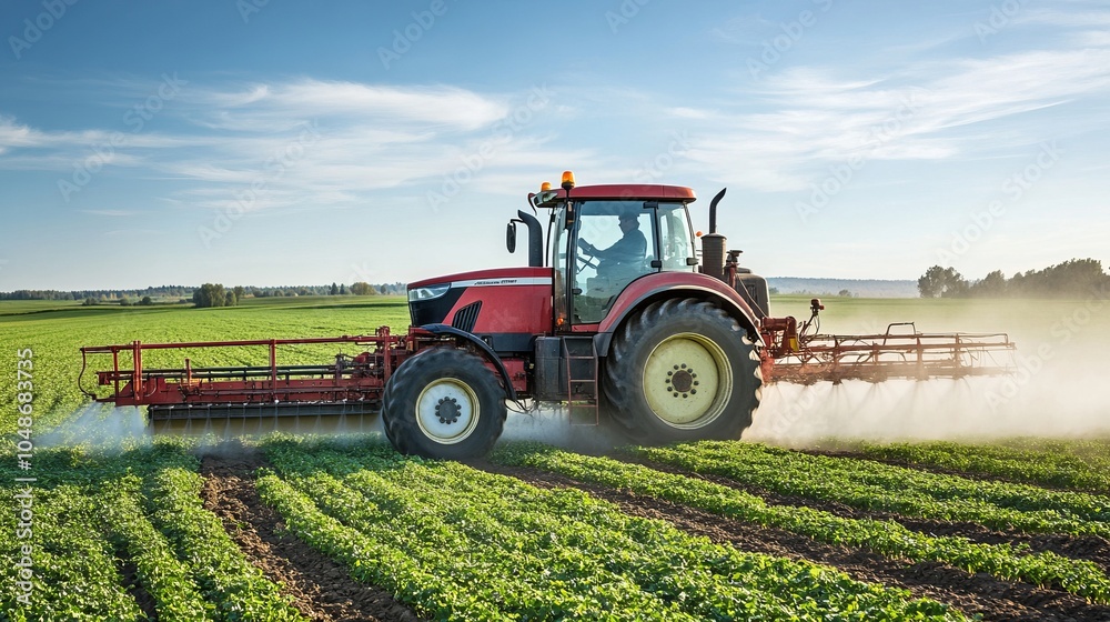 Fototapeta premium Tractor spraying pesticides over lush green soybean field in rural landscape, highlighting modern farming techniques and agricultural practices for crop protection and pest management