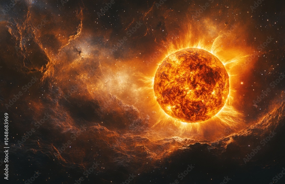 Fototapeta premium Realistic Sun with Solar Flares on Starry Background in Space