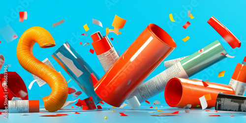 Colorful spray paint cans and vibrant confetti create dynamic and energetic scene, showcasing creativity and artistic expression. bright colors and playful arrangement evoke sense of fun and excitemen photo