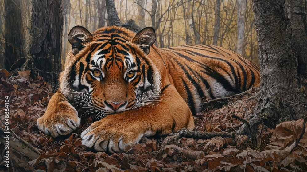 Malayan tiger laying in the forest, showcasing its beautiful orange fur and black stripes, endangered, wildlife Malayan tiger laying in the forest, showcasing its beautiful orange fur and black stripes, endangered, wildlife
