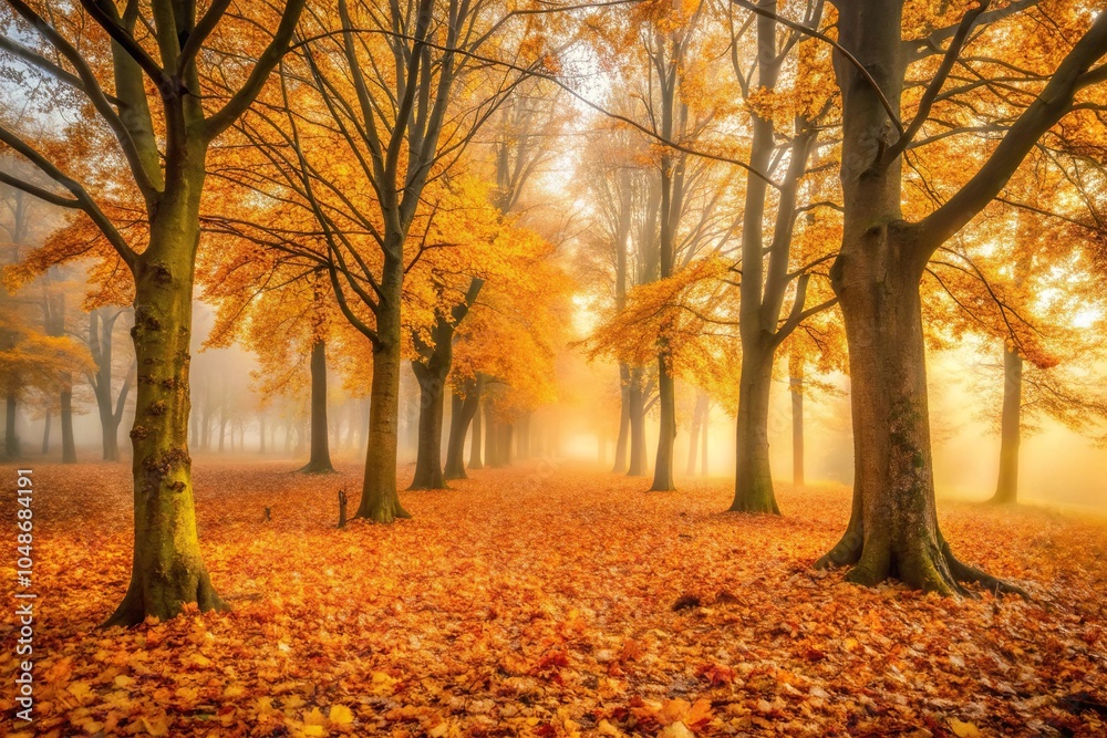 Fototapeta premium A misty morning scene with a few trees standing tall amidst a blanket of fallen leaves in shades of yellow and orange, forest floor, autumn foliage, fall leaves, soft light