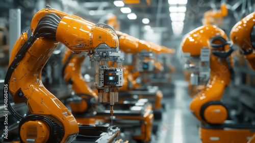 Robotic arms in modern industrial setting showcase advanced automation technology. vibrant orange color of robots highlights their intricate design and functionality, emphasizing innovation in manufac photo