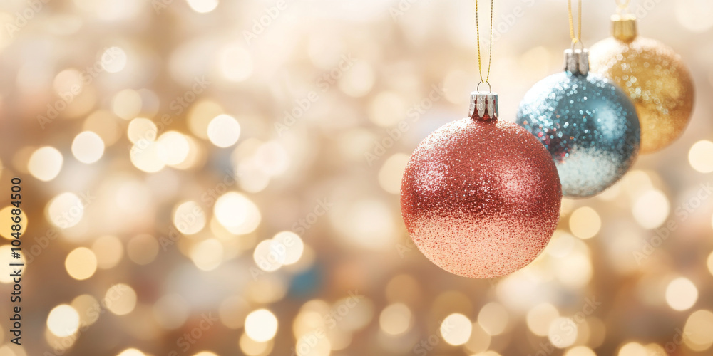 Sparkling Christmas ornaments in red, blue, and gold hang against blurred golden background, creating festive and joyful atmosphere perfect for holiday season Sparkling Christmas ornaments in red, blue, and gold hang against blurred golden background, creating festive and joyful atmosphere perfect for holiday season