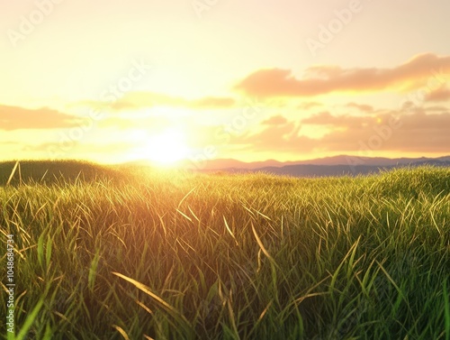 luxurious green grass scene illuminated by a golden sunset, casting a warm glow across the landscape, evoking a sense of peace and natural beauty