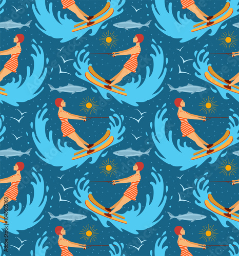 woman riding waterski, retro repeat seamless pattern, vector illustration design print