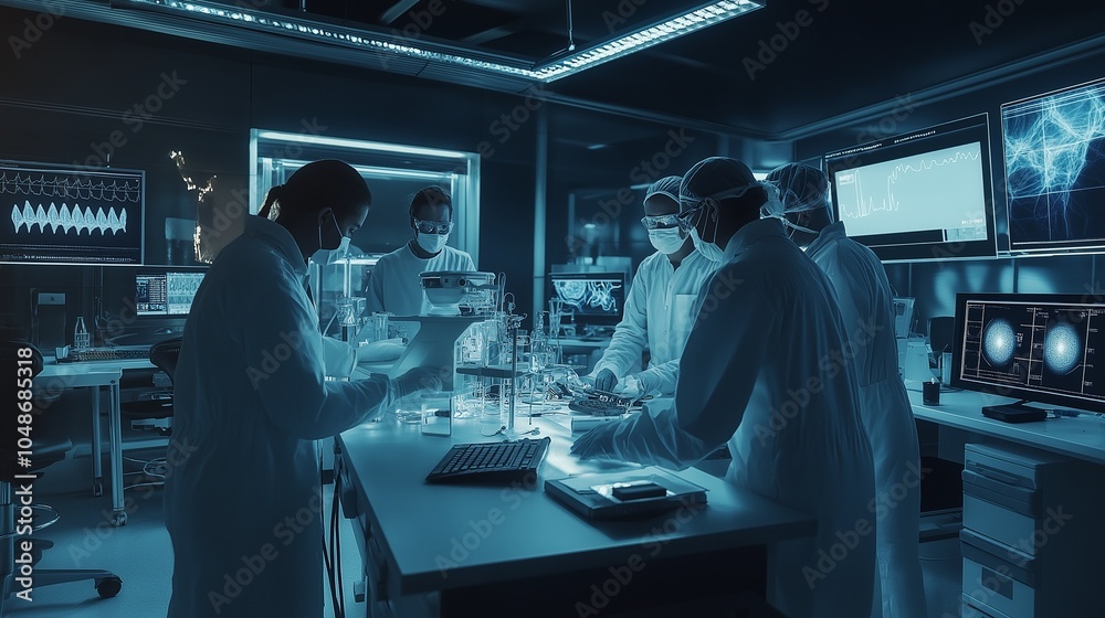 medical researchers working in a high-tech laboratory, surrounded by advanced equipment medical researchers working in a high-tech laboratory, surrounded by advanced equipment