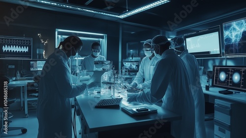 medical researchers working in a high-tech laboratory, surrounded by advanced equipment