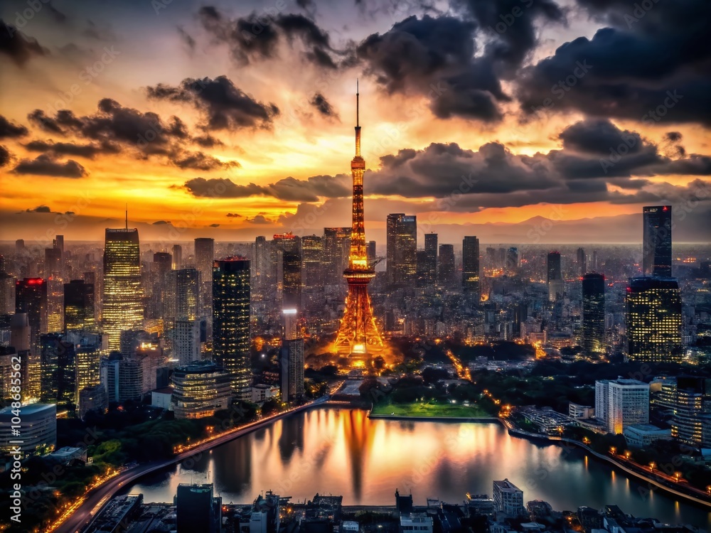 Obraz premium Tokyo Skyline Silhouette at Dusk with Reflections - Stunning Drone Photography