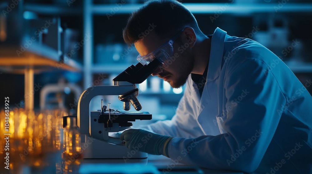 laboratory technician analyzing blood samples under a microscope, with the lab laboratory technician analyzing blood samples under a microscope, with the lab