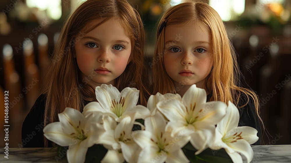 Naklejka premium Siblings Together with Flowers at a Somber Gathering