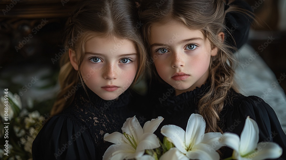 Naklejka premium Siblings in Elegant Attire at Somber Event