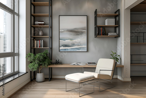 Office interior backdrop for online meetings. Home office setting background. Biophilic minimalist online workspace aesthetics.  Video conferencing room design.