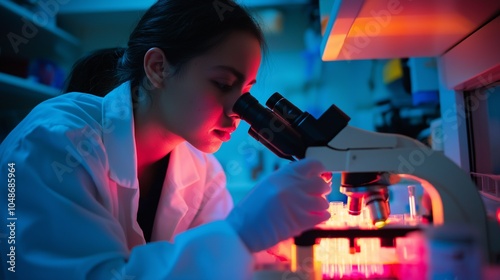 laboratory technician analyzing blood samples under a microscope, with the lab