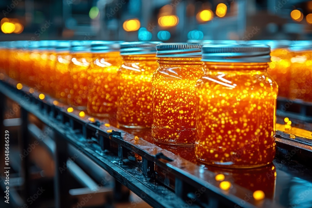 Close-up of Jars Filled with Amber Liquid on a Conveyor Belt Close-up of Jars Filled with Amber Liquid on a Conveyor Belt