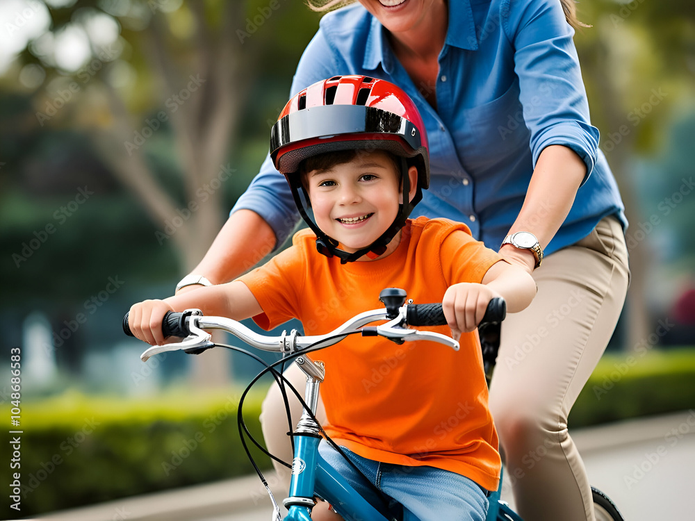 Naklejka premium A mother teaching her child to ride a bicycle 