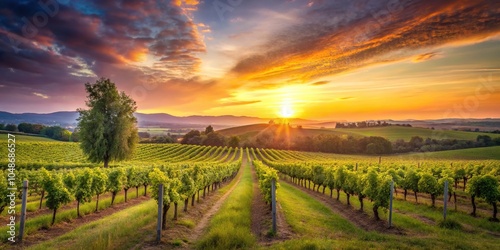 A serene and peaceful atmosphere of a vineyard at sunset with a few trees in the background, farm life, farmhouse, sunsets