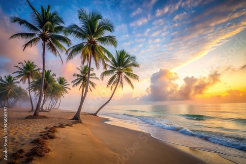 A serene beach scene at dawn with mist rising from the ocean and a few beachy palm trees swaying gently, soft focus, seaside views, palm trees, oceanfront