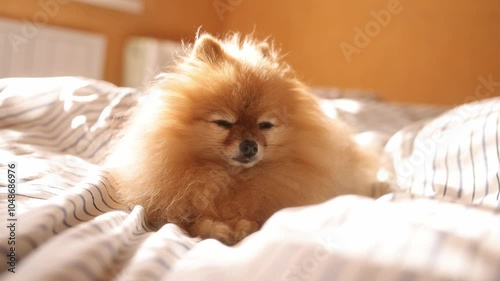 Morning dog. Cute pomeranian getting sunbath in bed. cute sleepy dog in sun rays