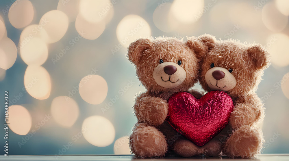 Obraz premium A cute brown teddy bear holding a heart-shaped pillow, perfect for a childhood gift or a symbol of love