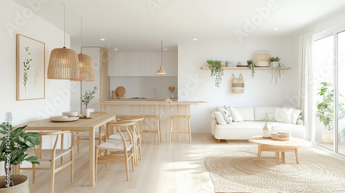 Wallpaper Mural A bright and airy modern living space featuring dining area with wooden furniture, cozy sofa, and natural decor elements. room exudes calm and inviting atmosphere Torontodigital.ca